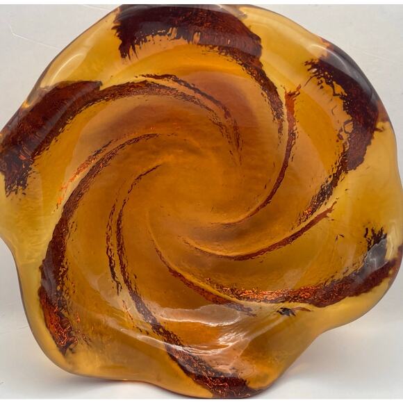 VTG Fenton Amber Heavy Art Glass Trinket Candy Dish Ashtray Swirl Design - Picture 2 of 5